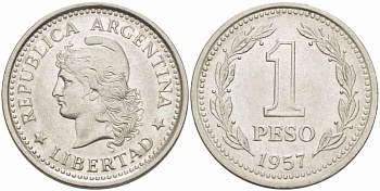 Аргентина 1 песо 1957 голова свободы влево KM 57 сталь плакированная никелем 108-1211