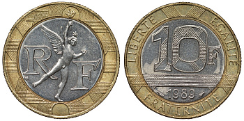 Франция 10 франков 1989 тип гений Бастилии KM 964.1, Le Franc 375.3 биметалл  4128-514