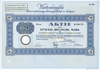 ФРГ 50 марок 1974 Акционерное общество по страхованию от пожаров Вюртемберга, акция   бумага   8803-80-1