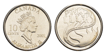 Канада 10 центов 2001 Международный год добровольцев KM 412 никель UNC 4636-641