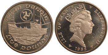 Остров Мэн 5 фунтов 1988 АА, рыбацкая лодка, рыбы, рак KM 215 вирениум UNC 00-00