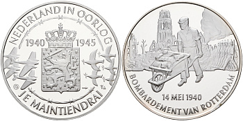 Нидерланды медаль ND Голландия в войне 1940-1945, бомбардировка Роттердама 14 мая 1940 года, 31,3 гр, 45,0 мм  серебро  PROOF  11-242-22