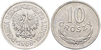 Польша 10 грошей 1968  Y AA47 алюминий  UNC   4181-1132