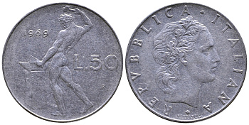 Италия 50 лир 1969 R, Вулкан (древнеримский бог огня) KM 95.1 нержавеющая сталь 4681-141