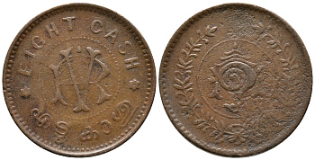 ИНДИЯ, ТРАВАНКОР 8 КЭШЕЙ 1906-1935 RAMA VARMA VI (1062-1101) (1885-1924) KM 48 медь 28-1141