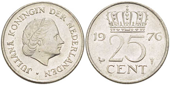 НИДЕРЛАНДЫ 25 ЦЕНТОВ 1976 ЮЛИАНА (1948-1980) KM 183 никель 214-1113