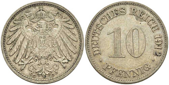 ГЕРМАНИЯ 10 ПФЕННИГОВ 1912 G KM 12, J. 13, Weege 8 медно-никель 212-225