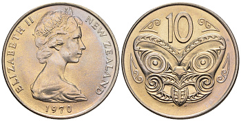 Новая Зеландия 10 центов 1970 Елизавета II (1952-2022), маска маори KM 41.1 медно-никель  UNC  4177-1216