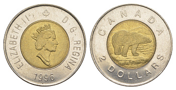 Канада 2 доллара 1996 Елизавета II (1952-2022), полярный медведь KM 270 биметалл UNC 4637-1027