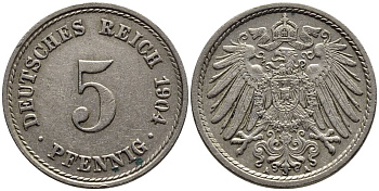 ГЕРМАНИЯ 5 ПФЕННИГОВ 1904 A KM 11, Jager 12, Weege 6 медно-никель 4547-436