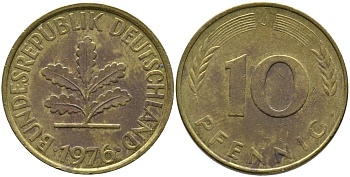 ФРГ 10 ПФЕННИГОВ 1976 J KM 108, J.383 сталь плакированная латунью 98-512