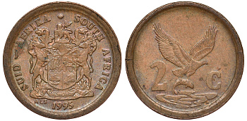 ЮАР 2 цента 1995 орел с рыбой KM 133 сталь плакированная медью 4164-534