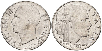 ИТАЛИЯ 20 ЧЕНТЕЗИМО 1941 R, ГОД XIX, ВИКТОР ЭММАНУИЛ III (1900-1946) KM 75b, VEM3. 1028 нержавеющая сталь 3853-716