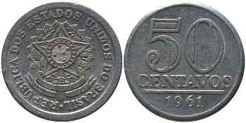 Бразилия 50 сентаво 1961 KM 569 алюминий 4577-737