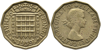 Великобритания 3 пенса 1959 Елизавета II (1952-2022) KM 900, Spink 4153 никель латунь 65-943