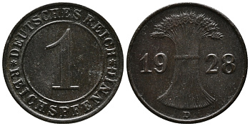 ГЕРМАНИЯ 1 РЕЙХСПФЕННИГ 1928 D KM 37, J. 313 бронза 39-966
