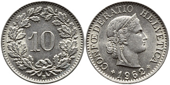 ШВЕЙЦАРИЯ 10 РАППЕНОВ 1962 В KM 27 медно-никель 4392-136