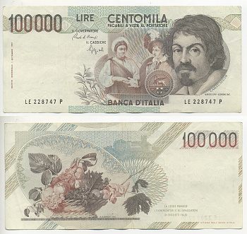 Италия 100000 лир 1983 Караваджо, фруктовый букет, подпись Speziali Pick 110b бумага 7220-22-3