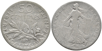 ФРАНЦИЯ 50 САНТИМОВ 1899 ТИП СЕЯТЕЛЬ KM 854, LE FRANC 190.5 серебро 99-1136