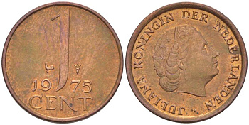НИДЕРЛАНДЫ 1 ЦЕНТ 1975 КОРОЛЕВА ЮЛИАНА KM 180 бронза 3955-139