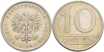 ПОЛЬША 10 ЗЛОТЫХ 1984 MW KM 152.1, Parchimowicz 243a медно-никель 4514-544