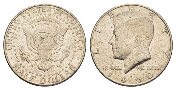 США 1/2 доллара (50 центов) 1990 P, Джон Кеннеди KM A202b медь плакированная медно-никелем aUNC 4517-621