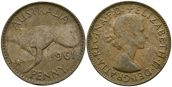 Австралия 1 пенни 1961 Елизавета II (1952-2022), кенгуру KM 56 бронза 4120-733
