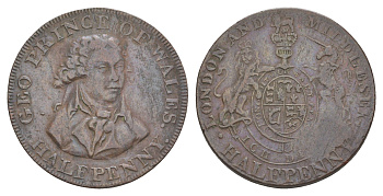 Великобритания, Мидлсекс 1/2 пенни ND (1787-1797) Национальная серия - Принц Уэльский, гурт - надпись, токен Dalton & Hamer 953a, Atkins 742 медь 3711-145