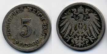 ГЕРМАНИЯ 5 ПФЕННИГОВ 1894 D, KM 11, J. 12 медно-никель 51-5255