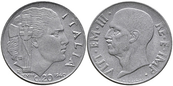 ИТАЛИЯ 20 ЧЕНТЕЗИМО 1940 R, ВИКТОР ИМАНУИЛ, XXII ГОД, МАГНИТНАЯ KM 75b нержавеющая сталь 85-324