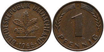 ФРГ 1 пфенниг 1966 J KM 105, J.380 сталь плакированная медью 99-255