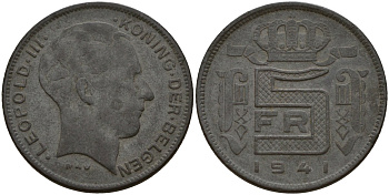 Бельгия 5 франков 1941 DES BELGEN, Леопольд III (1934-1947) KM 129 цинк 4161-912