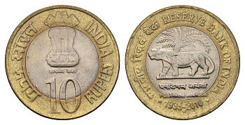 Индия 10 рупий 2010 75 лет Резервному банку Индии KM 388 биметалл 4119-1027