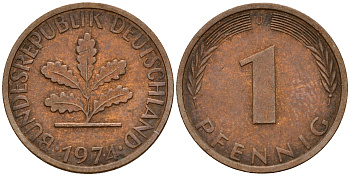 ФРГ 1 пфенниг 1974 J KM 105, J. 380 сталь плакированная медью    4598-545