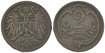 Австрия 2 геллера 1899 Франц Иосиф I (1848-1916) KM 2801 бронза 4615-559