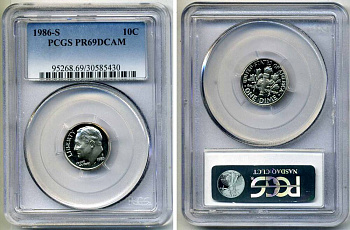 США 10 центов (дайм) 1986 S, Франклин Рузвельт, в слабе PCGS PR69CAM KM 195а медь плакированная медно-никелем PROOF 15-002-06