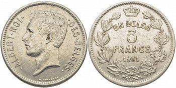 БЕЛЬГИЯ 5 ФРАНКОВ 1931 BELGES KM 97.1 никель 114-836