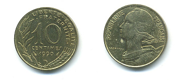 ФРАНЦИЯ 10 САНТИМОВ 1990 ТИП MARIANNE KM 929 медь алюминий никель 84-1639