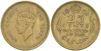 ЦЕЙЛОН 25 ЦЕНТОВ 1951 ГЕОРГ VI (1936-1952) KM 122 никель латунь 211-651