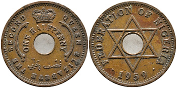 Нигерия 1/2 пенни 1959 Елизавета II (1952-), Британский протекторат KM 1 бронза 4387-168
