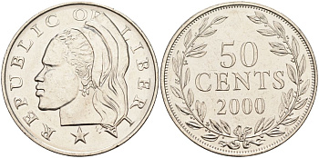 Либерия 50 центов 2000 KM 17b.2 никелированная сталь UNC 00-00