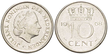 НИДЕРЛАНДЫ 10 ЦЕНТОВ 1968 ЮЛИАНА (1948-1980) KM 182 никель 214-1233