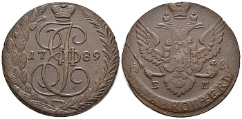 Россия 5 копеек 1789 ЕМ, Екатерина II (1762-1796) Биткин 643 медь 1103-6-32