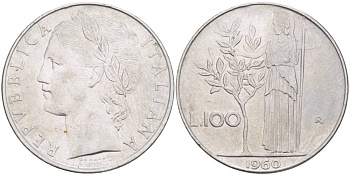 ИТАЛИЯ 100 ЛИР 1960 R, АФИНА У ОЛИВКОВОГО ДЕРЕВА KM 96.1 нержавеющая сталь 4545-625