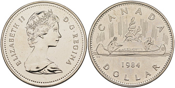 Канада 1 доллар 1984 Елизавета II (1952-2022), каноэ KM 120.1 никель UNC 189-113