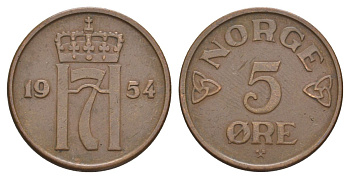Норвегия 5 эре 1954 Хокон VII (1905-1957) KM 400 бронза 4635-545