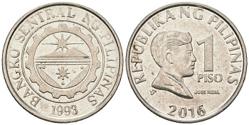 Филиппины 1 писо 2016 KM 269a сталь плакированная никелем 4604-1135