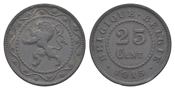 Бельгия 25 сантимов 1915 германская оккупация Первая мировая война, Альберт I (1909-1934) KM 82 цинк 4156-526