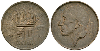 Бельгия 50 сантимов 1953 BELGIE KM 145 бронза 4164-1044