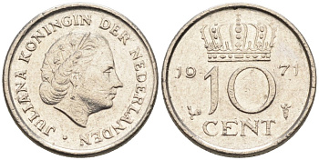 Нидерланды 10 центов 1971 Юлиана (1948-1980) KM 182 никель 4567-555